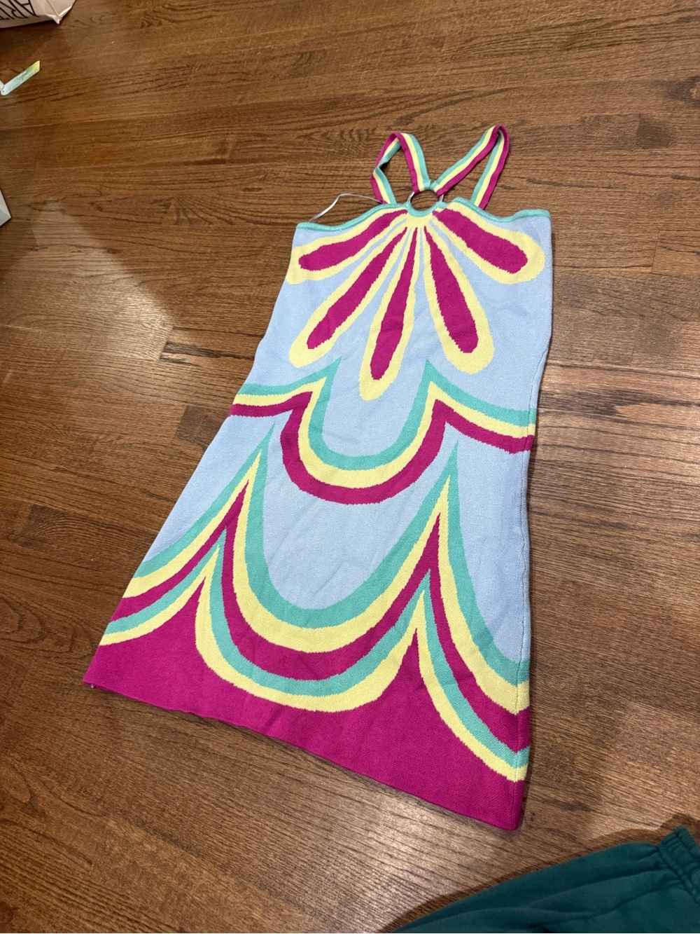 Anthropologie Girls Light Blue Knit Dress with Pink & Yellow Motif